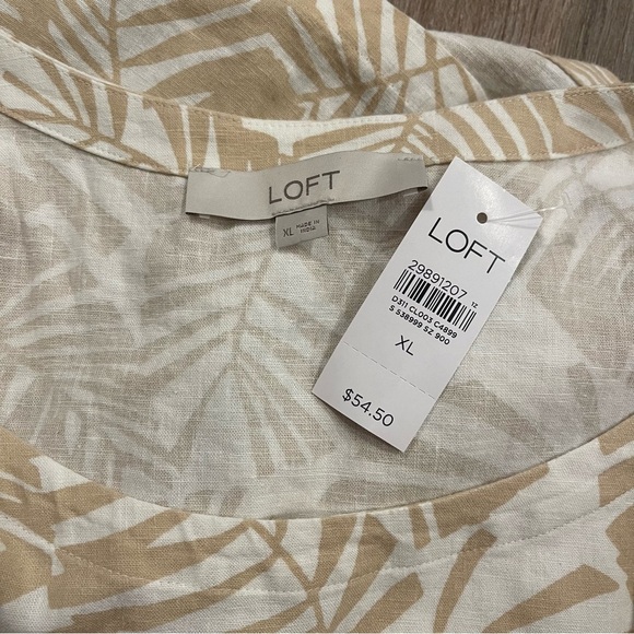 LOFT Palm Puff Sleeve Top Women’s XL Neutral Linen Blend Tropical Coastal Beach - Picture 4 of 7